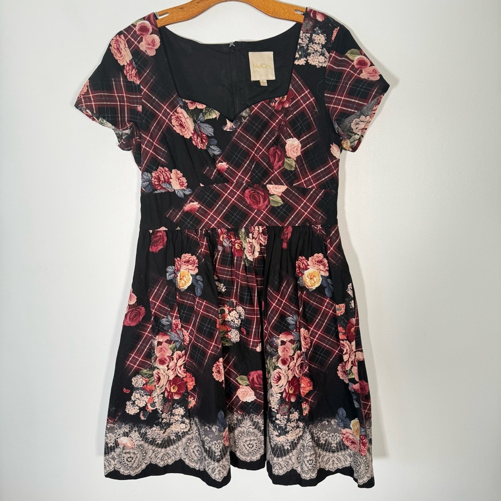 ModCloth Charm Convention Plaid Floral Dress Sweatheart Neckline Retro Cotton L